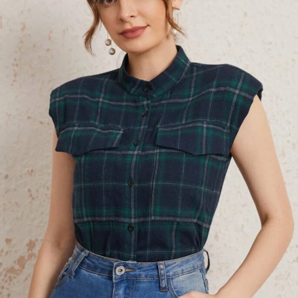 SHEIN Shoulder Padded Flap Pocket Tartan Blouse